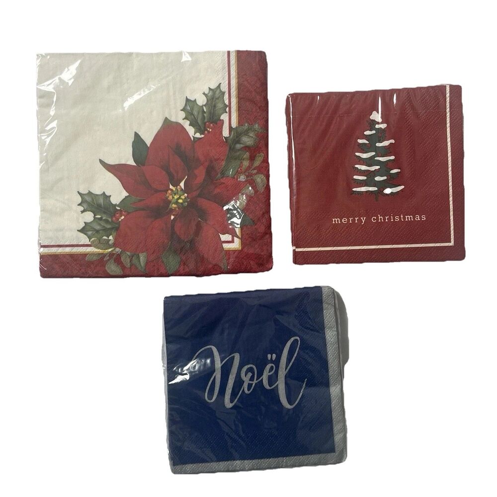 Christmas Paper Napkins Poinsettia Noel Lot of 3 New In Package Unique Party NEW